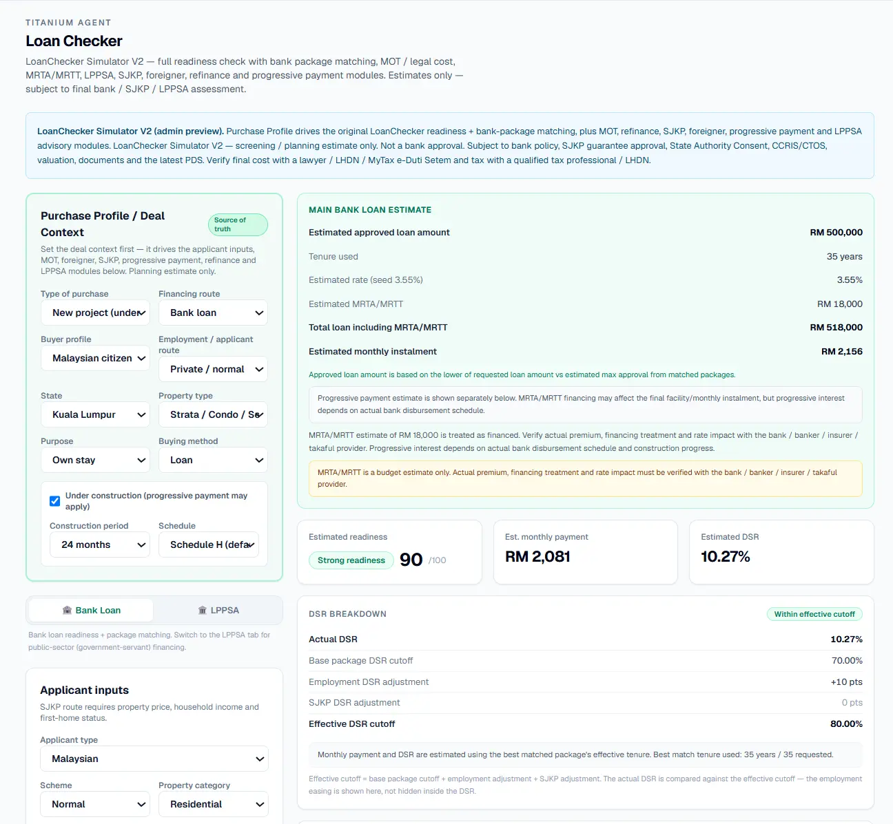 LoanChecker readiness overview and main loan estimate